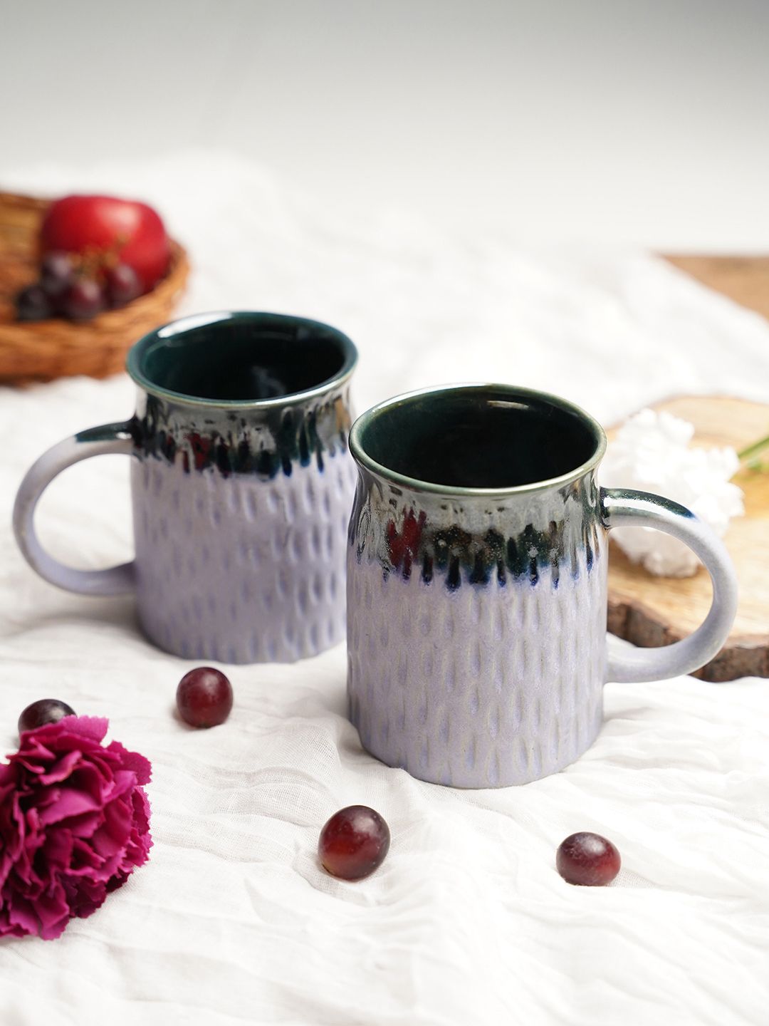 Folkstorys Set Of 2 Purple & Green Textured Ceramic Glossy Mugs Price in India