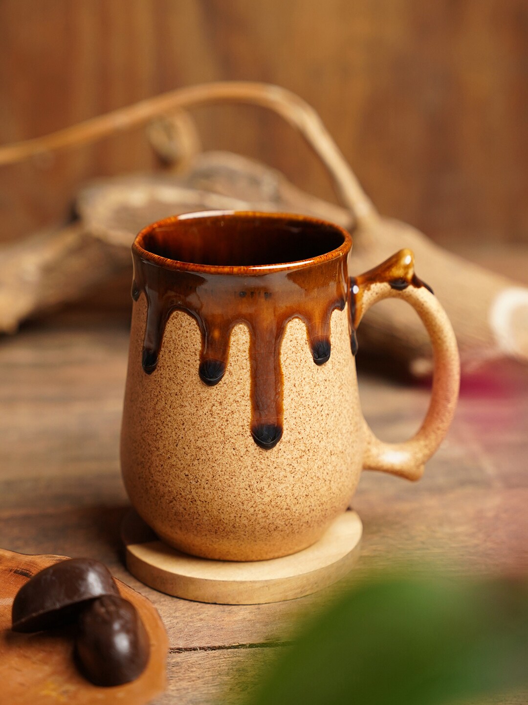 Folkstorys Brown & Beige Textured Ceramic Glossy Mug Price in India