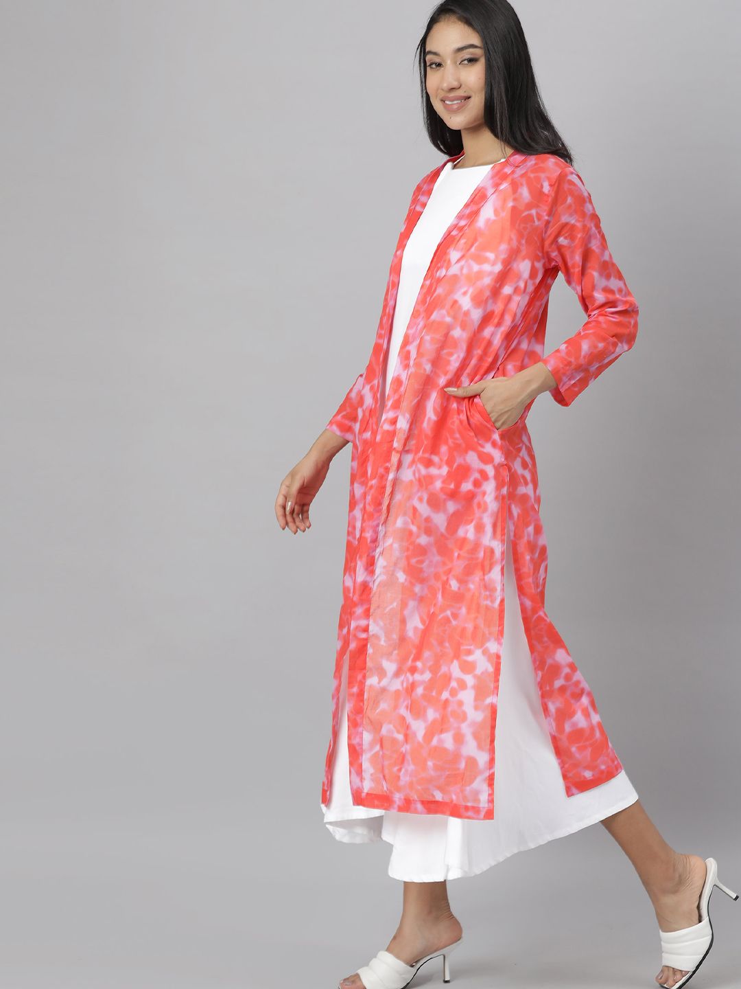 RAREISM Women Red & White Printed Longline Shrug Price in India