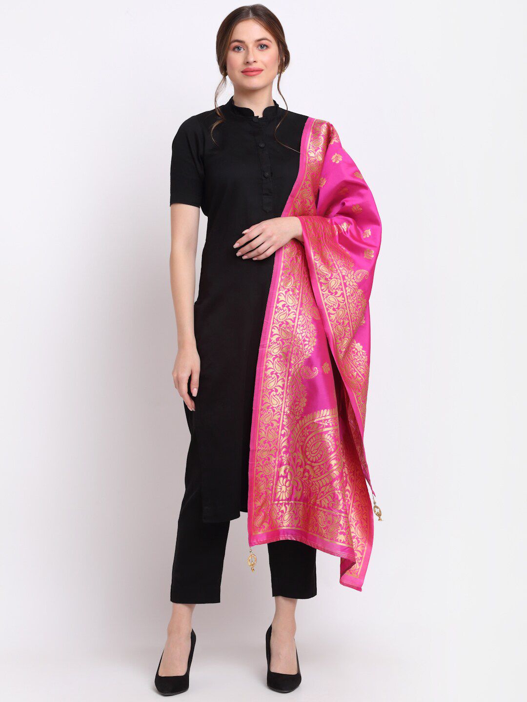 SOUNDARYA Woman Pink & Gold-Toned Banarasi Silk Zari Embroidered Dupatta Price in India