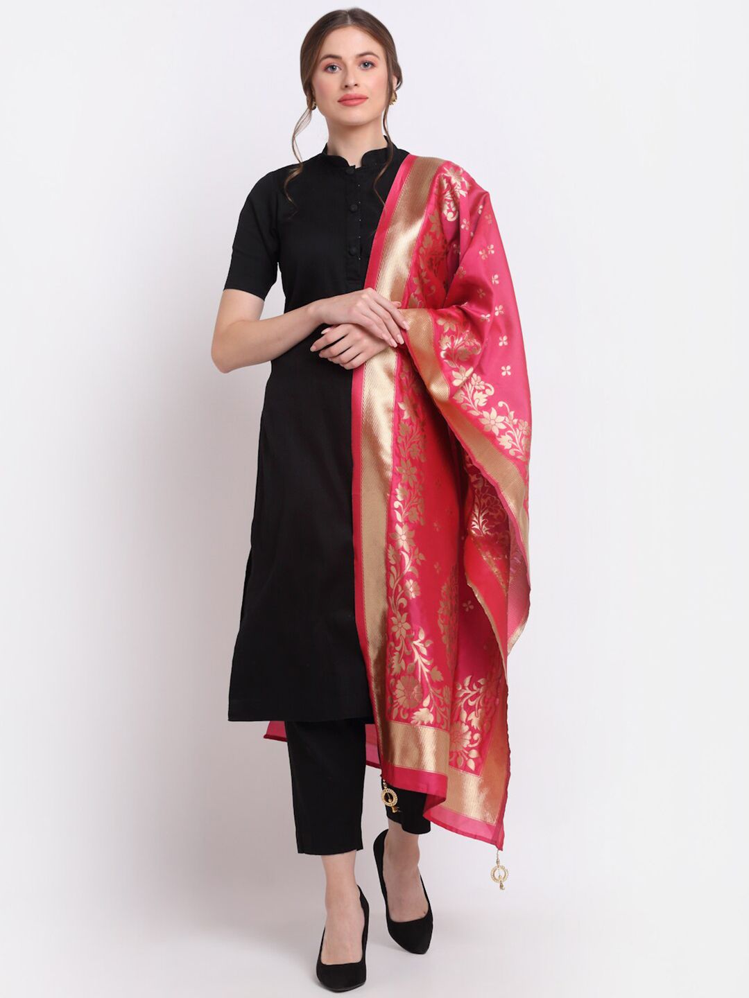 SOUNDARYA Magenta & Gold-Toned Ethnic Motifs Woven Design Dupatta