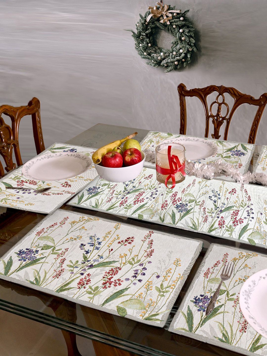AVI Living Set Of 7 White & Green Floral Jacquard Woven Table Placemats Set Price in India