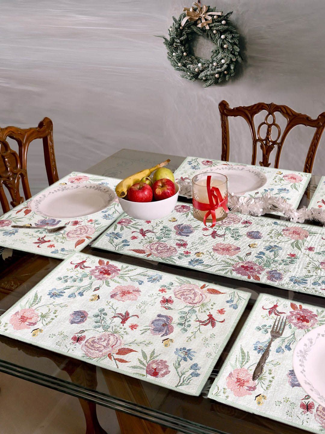 AVI Living Set Of 7 Multicoloured Floral Jacquard Woven Table Placemats & Runner Price in India