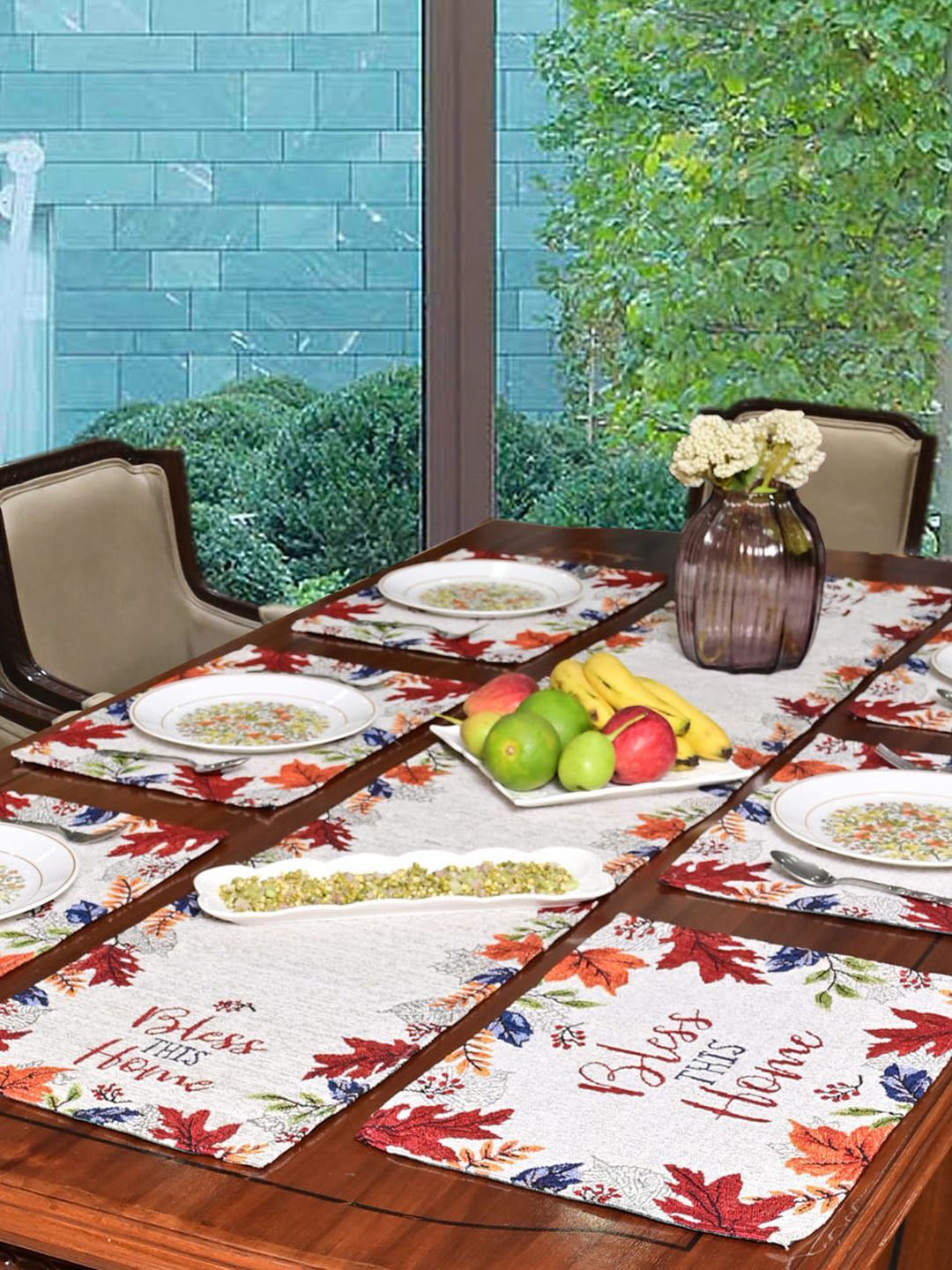 AVI Living Set Of 7 White & Maroon Floral Jacquard Woven Table Placement & Runner Set Price in India