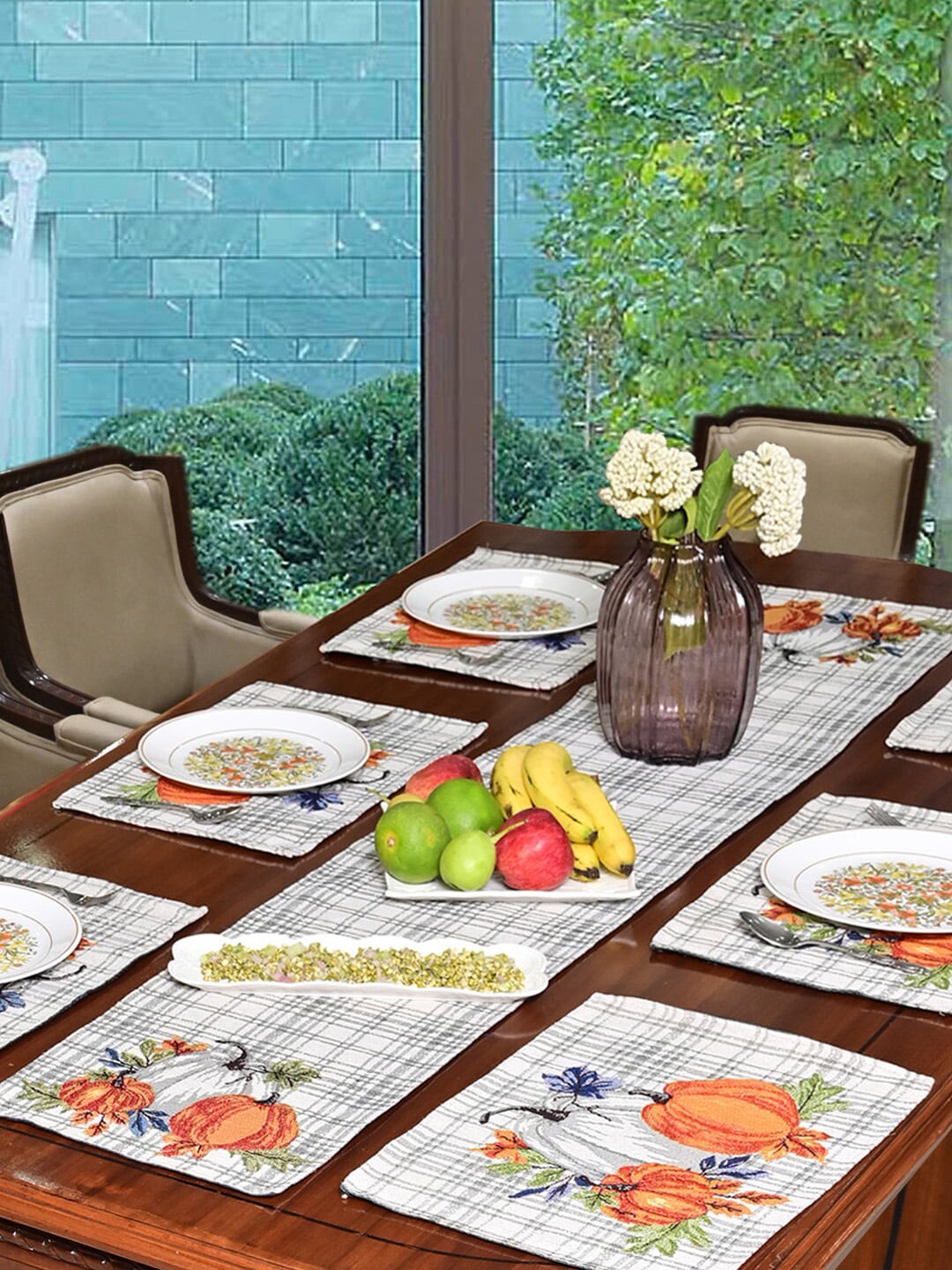 AVI Living Set Of 7 Multicoloured Floral Jacquard Woven Table Placemats & Runner Set Price in India