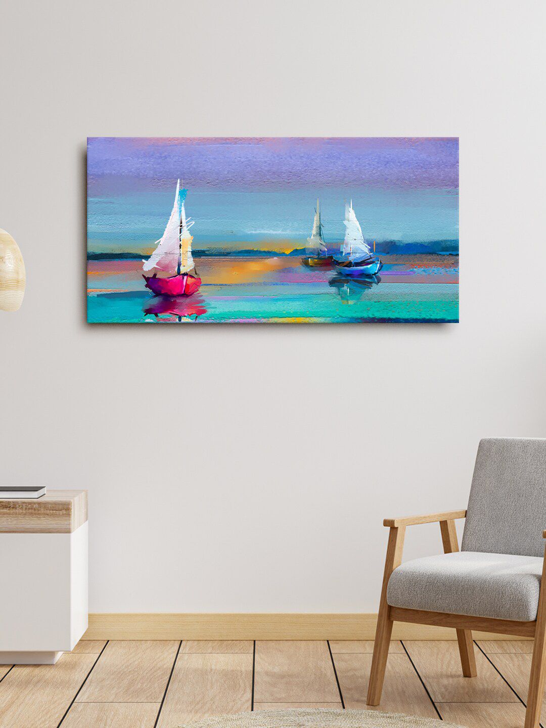 999Store Blue & Pink Abstract Boats Canvas Painting Wall Art Price in India