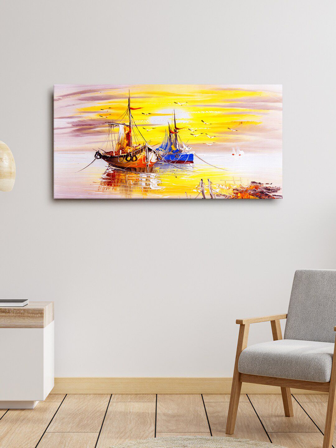 999Store Yellow & Pink Seascape With Boats Painting Framed Wall Art Price in India