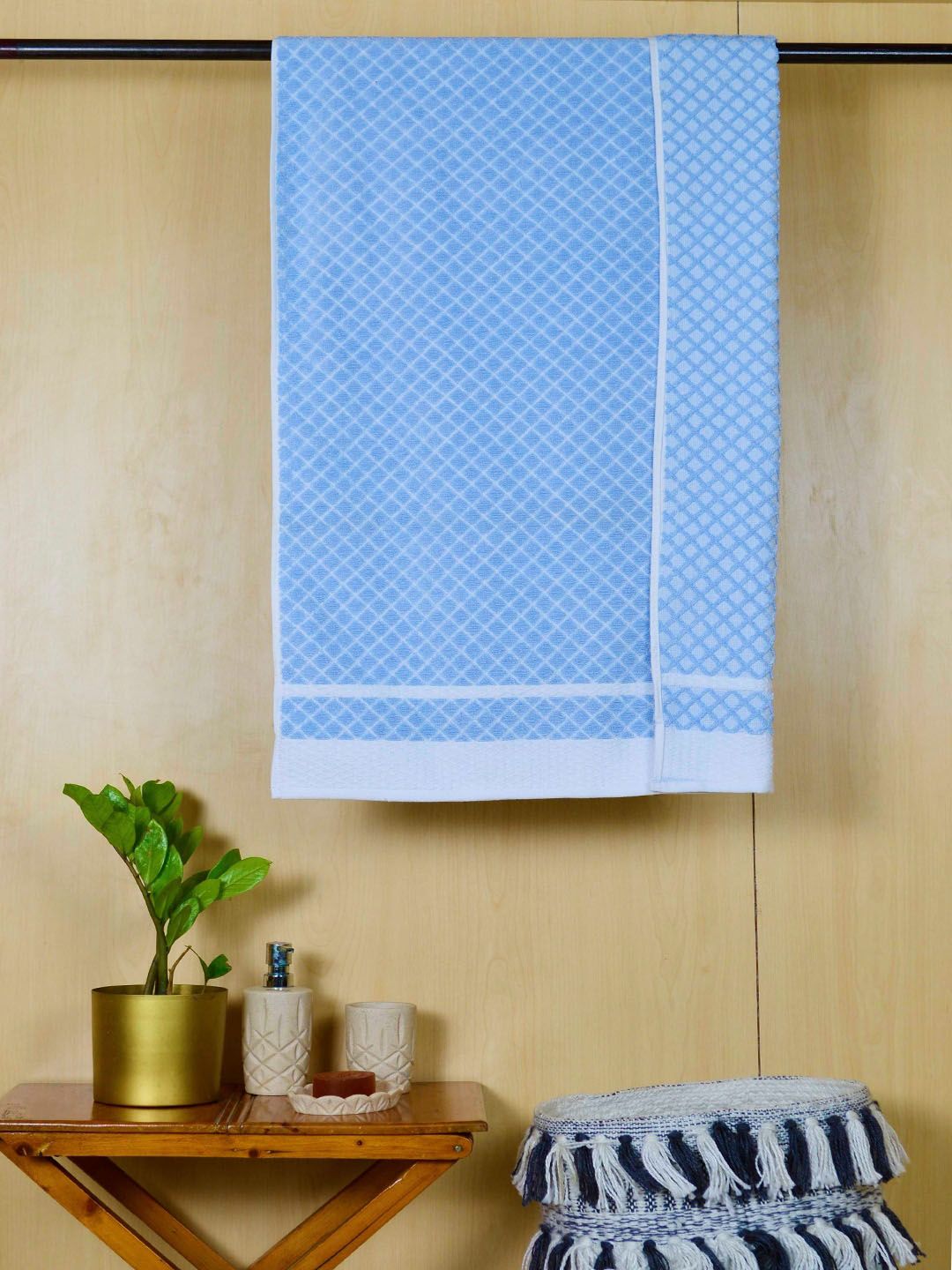 AVI Living White & Blue Self Design Pure Cotton 550 GSM Bath Towel Price in India