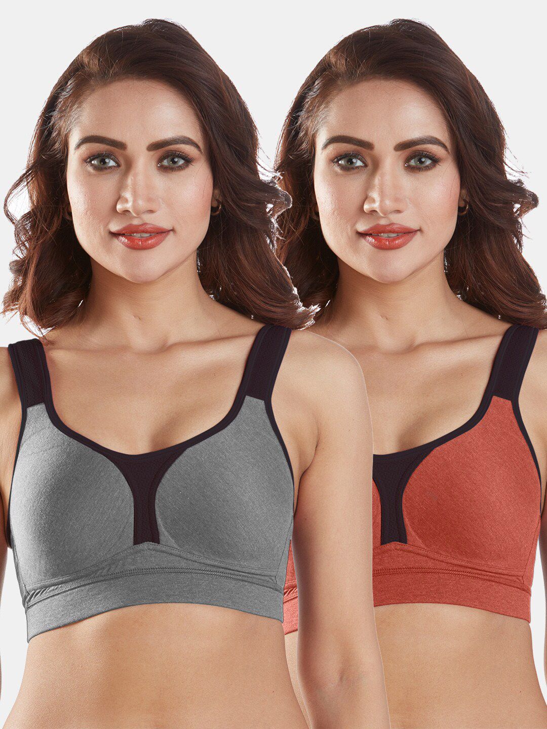 Sonari Pack of 2 Rust & Grey Workout Bras - Lightly Padded Price in India