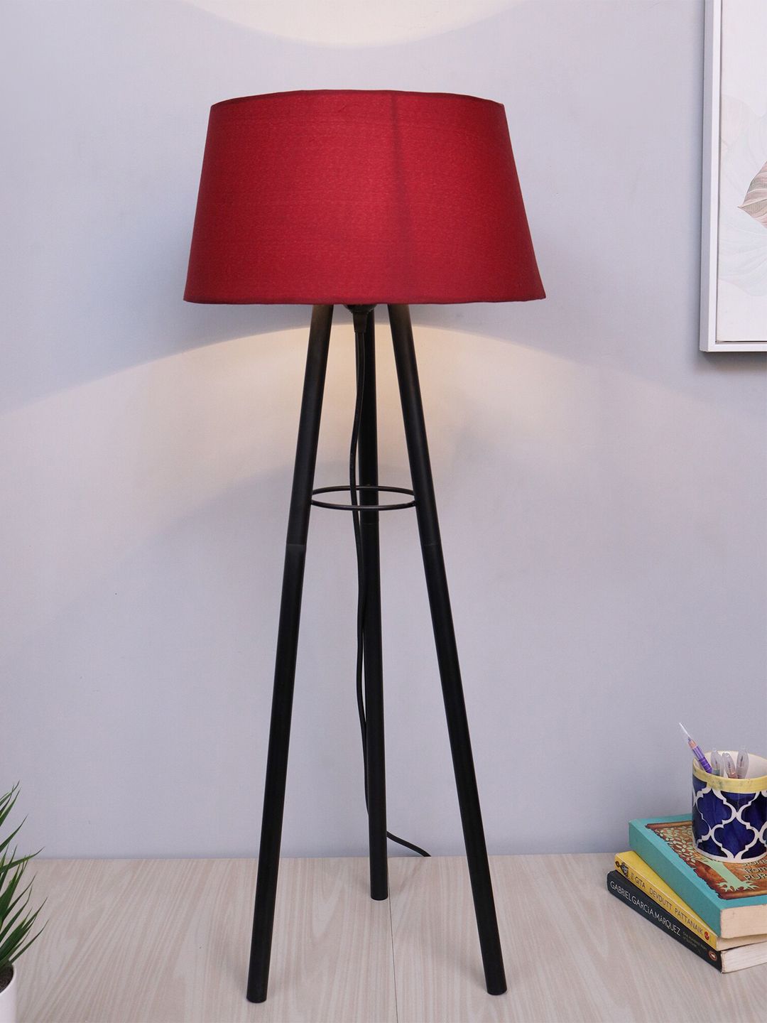 Homesake Maroon & Black Solid Contemporary Tripod Table Lamp Price in India