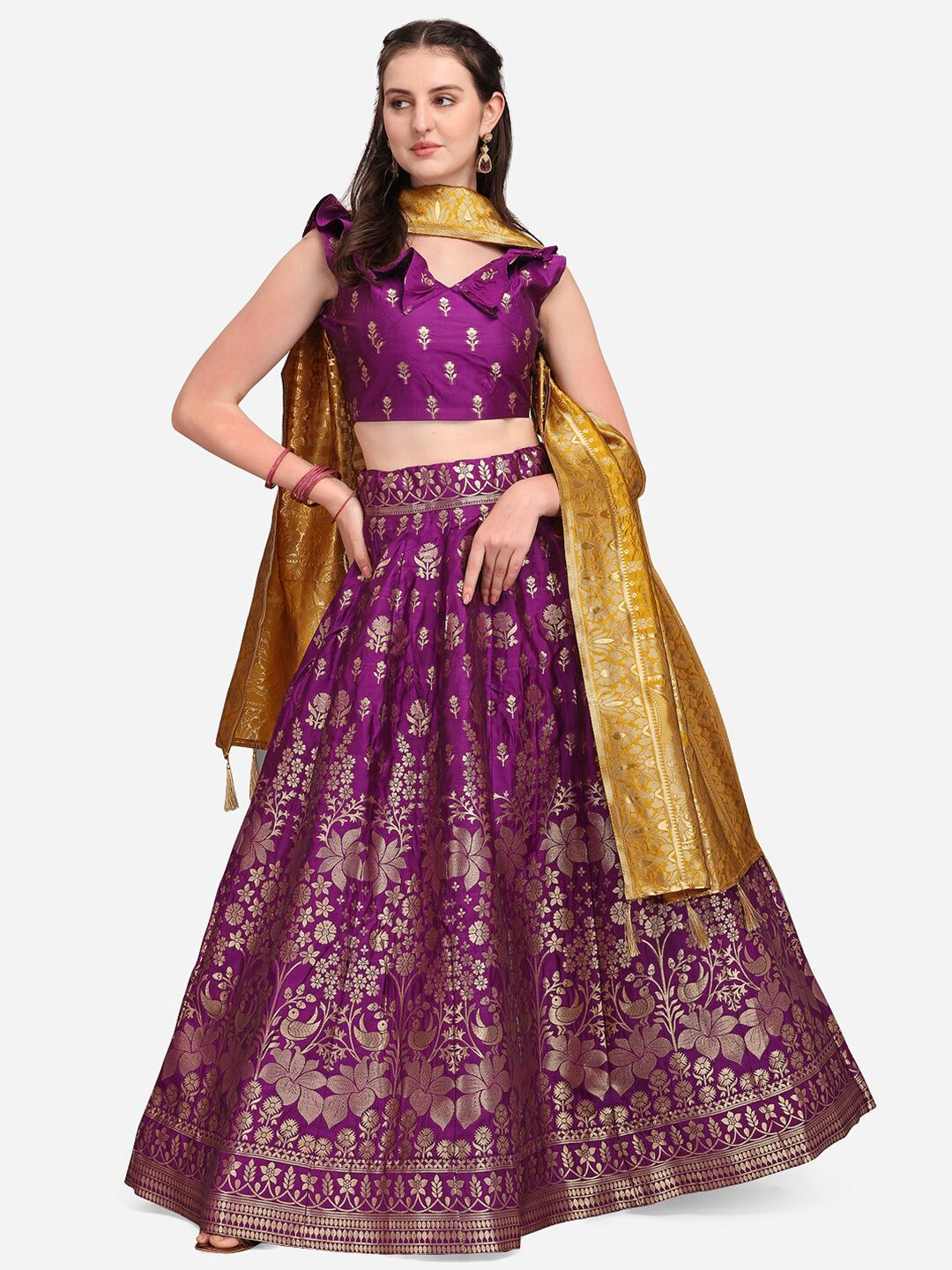 PURVAJA Magenta & Yellow Ready to Wear Lehenga & Unstitched Blouse With Dupatta Price in India