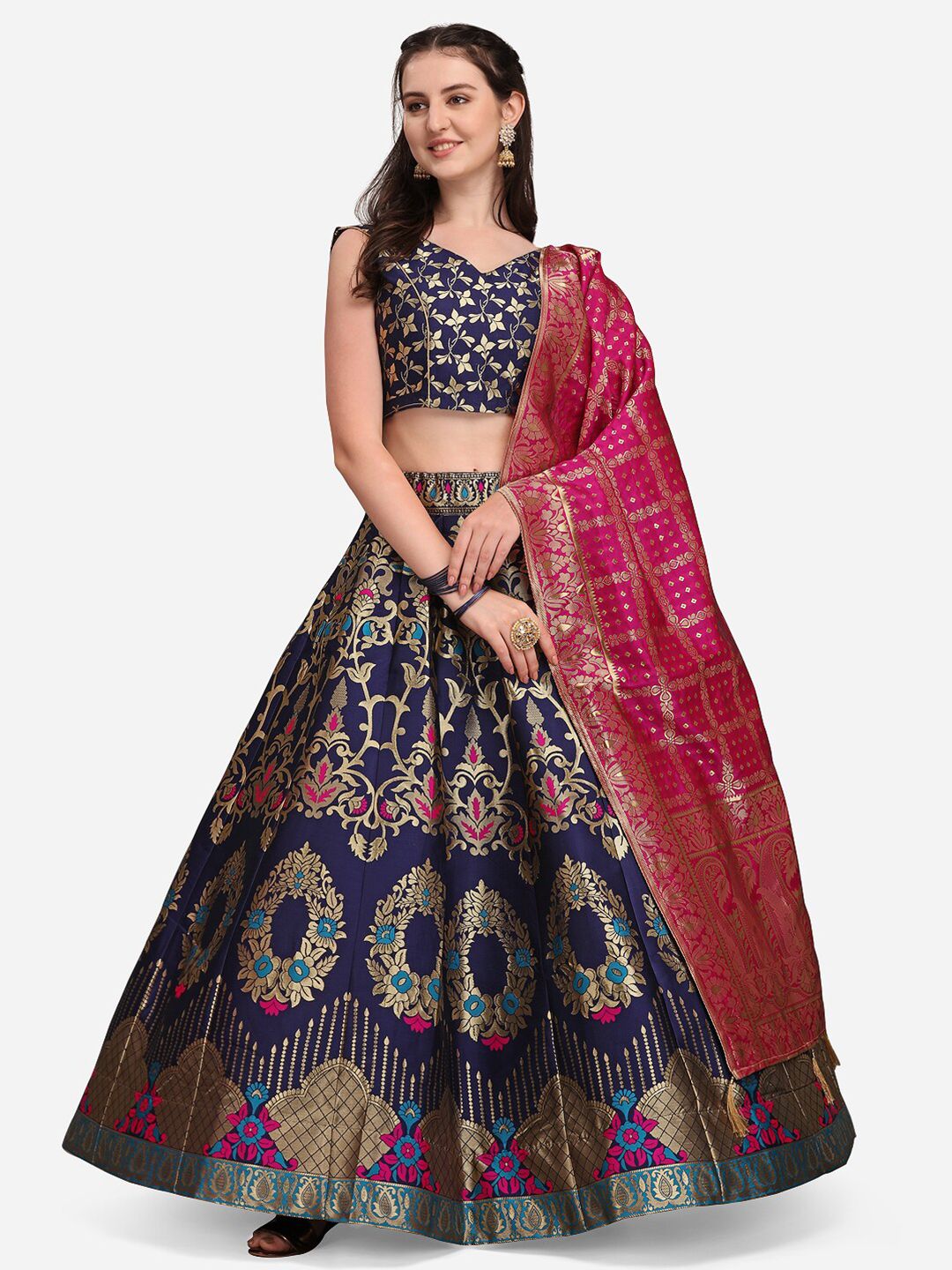 PURVAJA Navy Blue & Pink Ready to Wear Jacquard Lehenga & Unstitched Blouse With Dupatta Price in India
