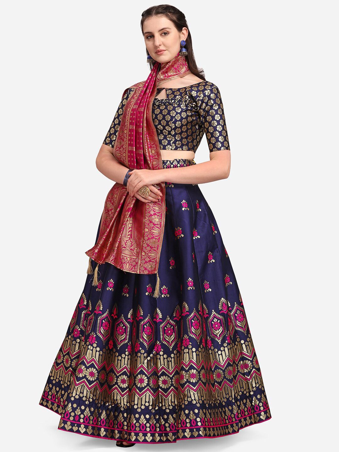 PURVAJA Navy Blue & Magenta Ready to Wear Lehenga & Unstitched Blouse With Dupatta Price in India