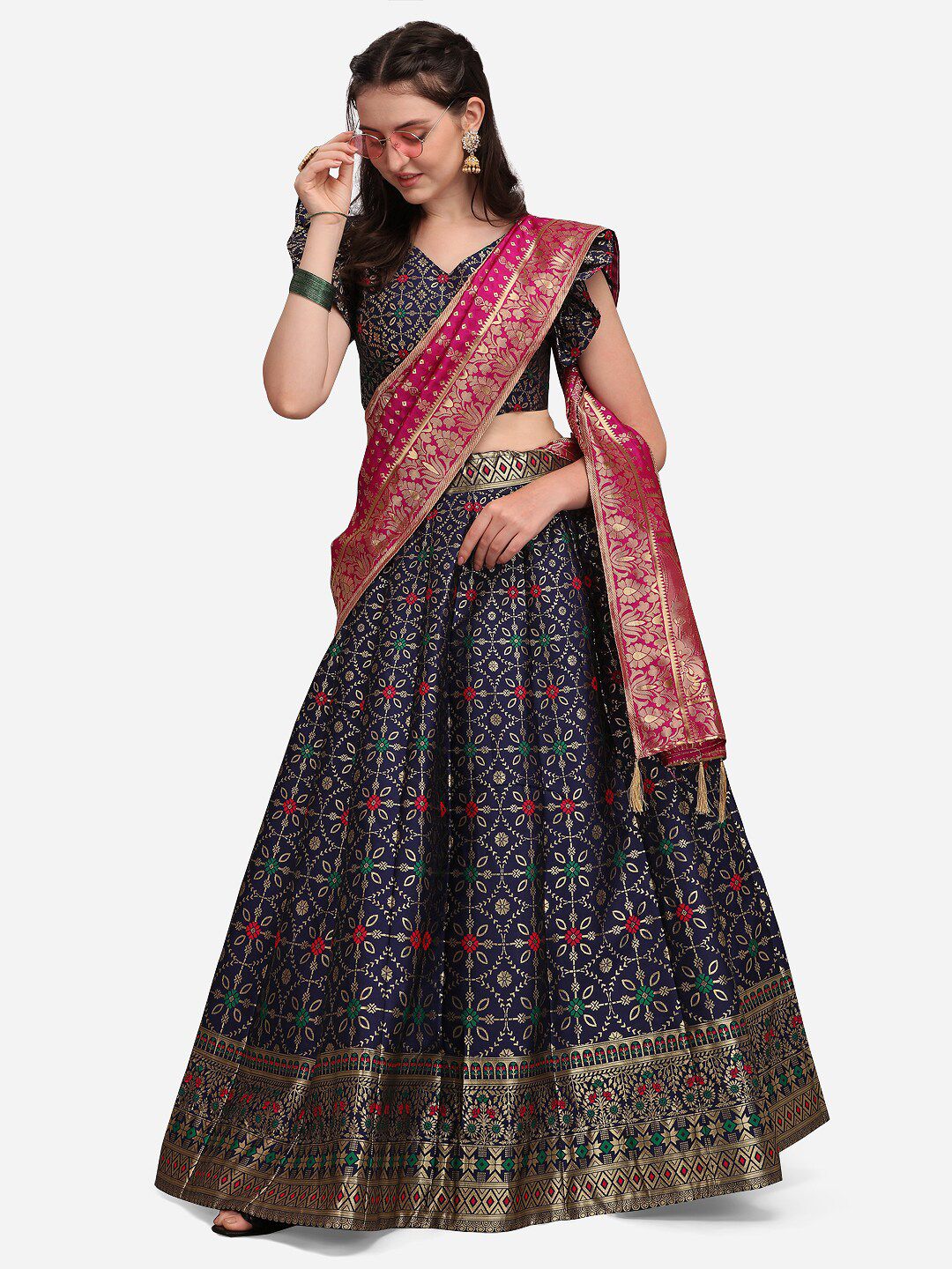 PURVAJA Navy Blue & Gold-Toned Ready to Wear Lehenga & Unstitched Blouse With Dupatta Price in India