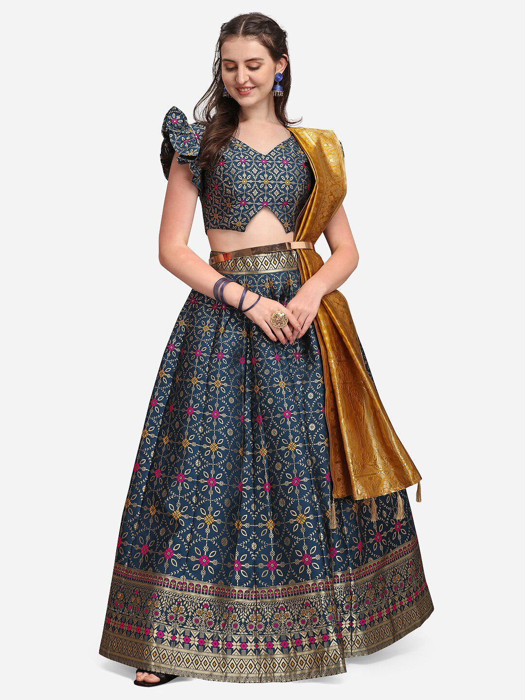 PURVAJA Teal & Red Embellished Ready to Wear Lehenga & Unstitched Blouse With Dupatta Price in India