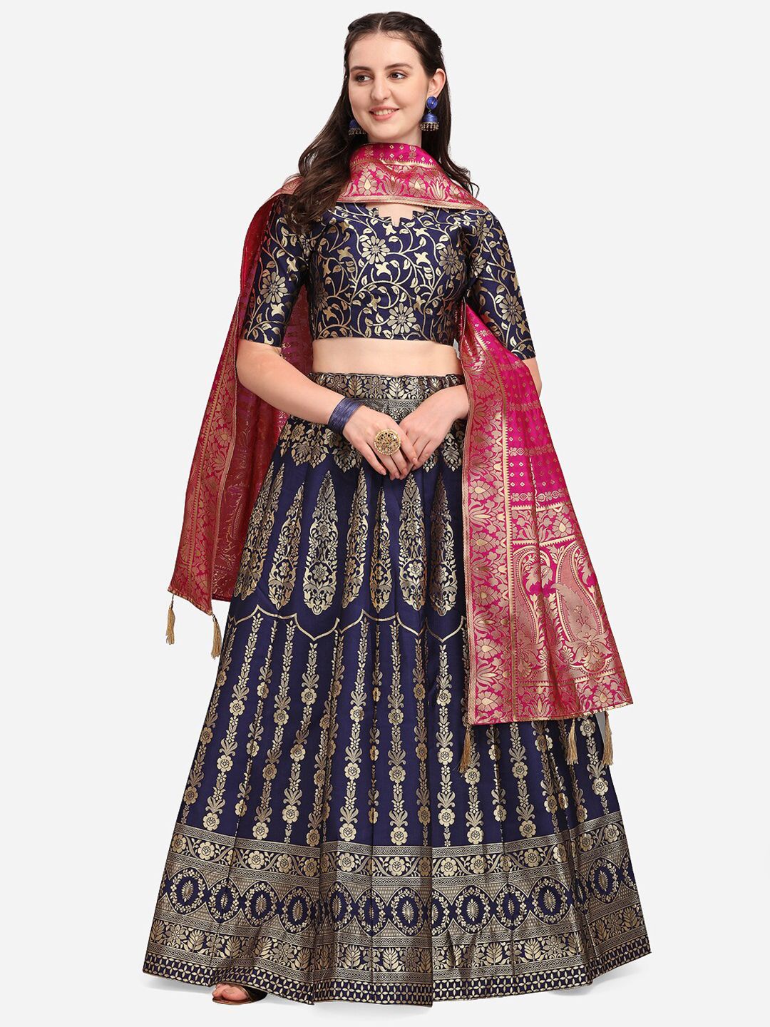 PURVAJA Navy Blue & Magenta Ready to Wear Lehenga & Unstitched Blouse With Dupatta Price in India