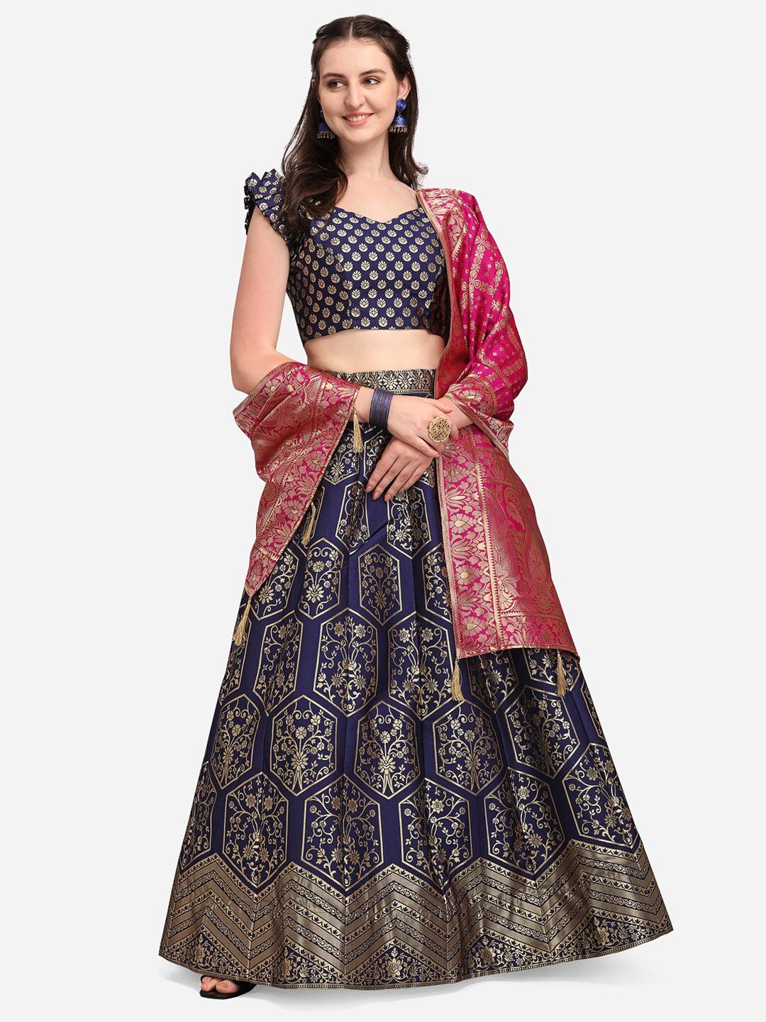 PURVAJA Navy Blue & Pink Ready to Wear Jacquard Lehenga & Unstitched Blouse With Dupatta Price in India