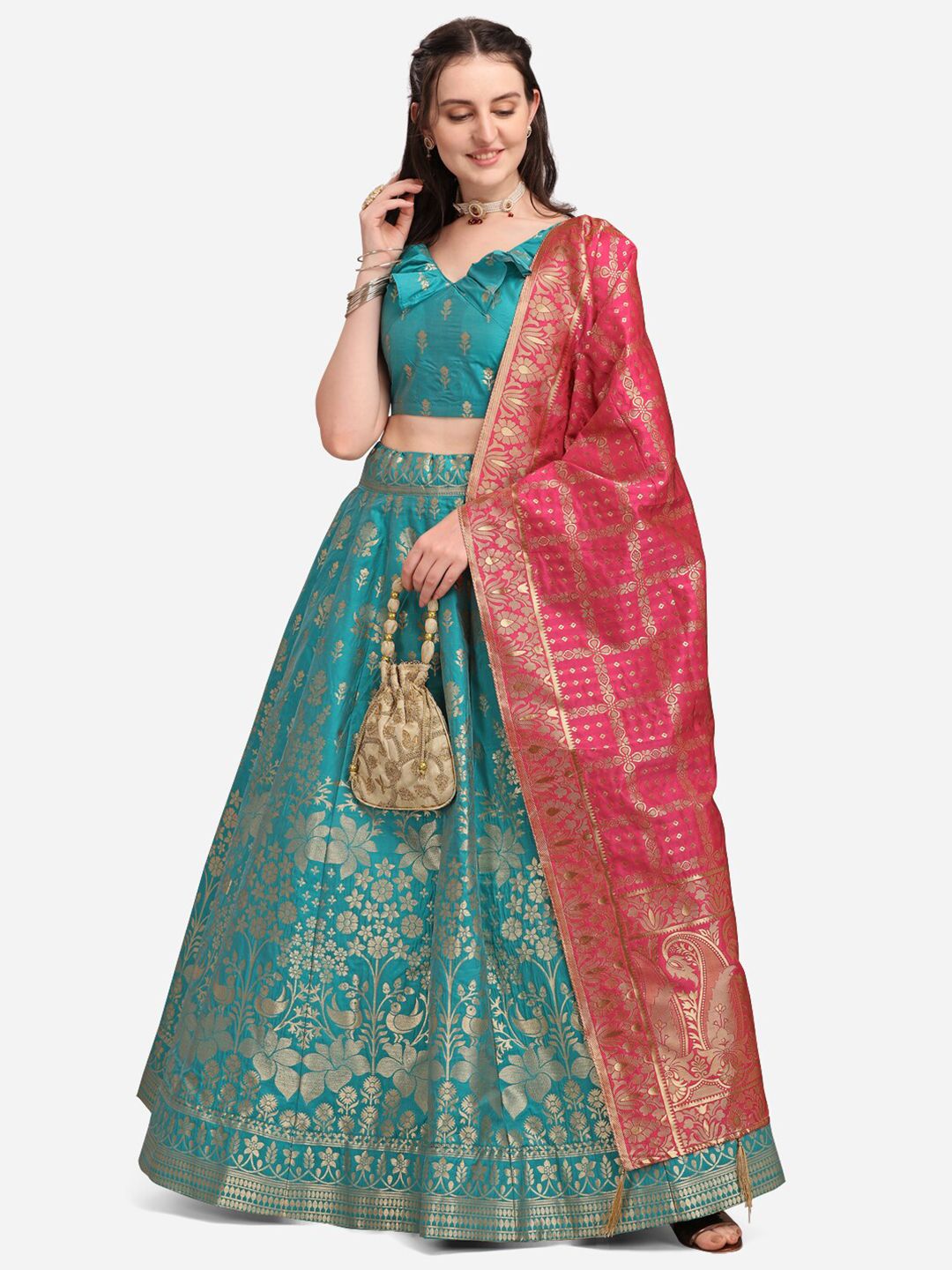 PURVAJA Women Sea Green & Pink Woven Design Lehenga & Unstitched Blouse with Dupatta Price in India