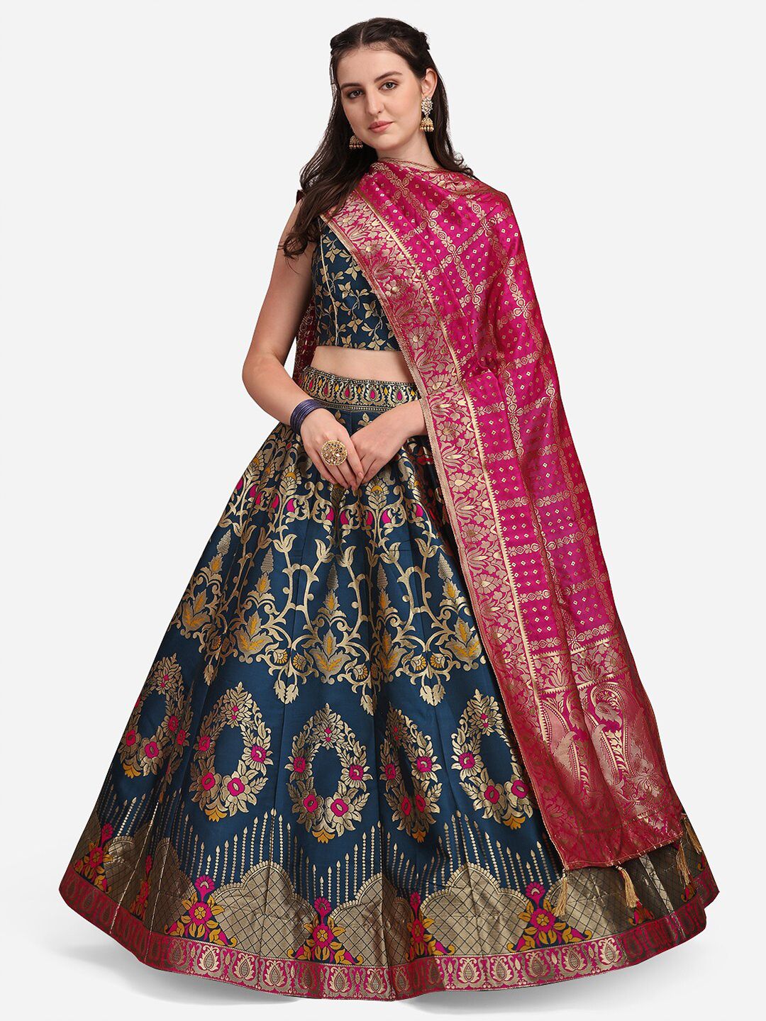 PURVAJA Teal & Magenta Ready to Wear Lehenga & Unstitched Blouse With Dupatta Price in India