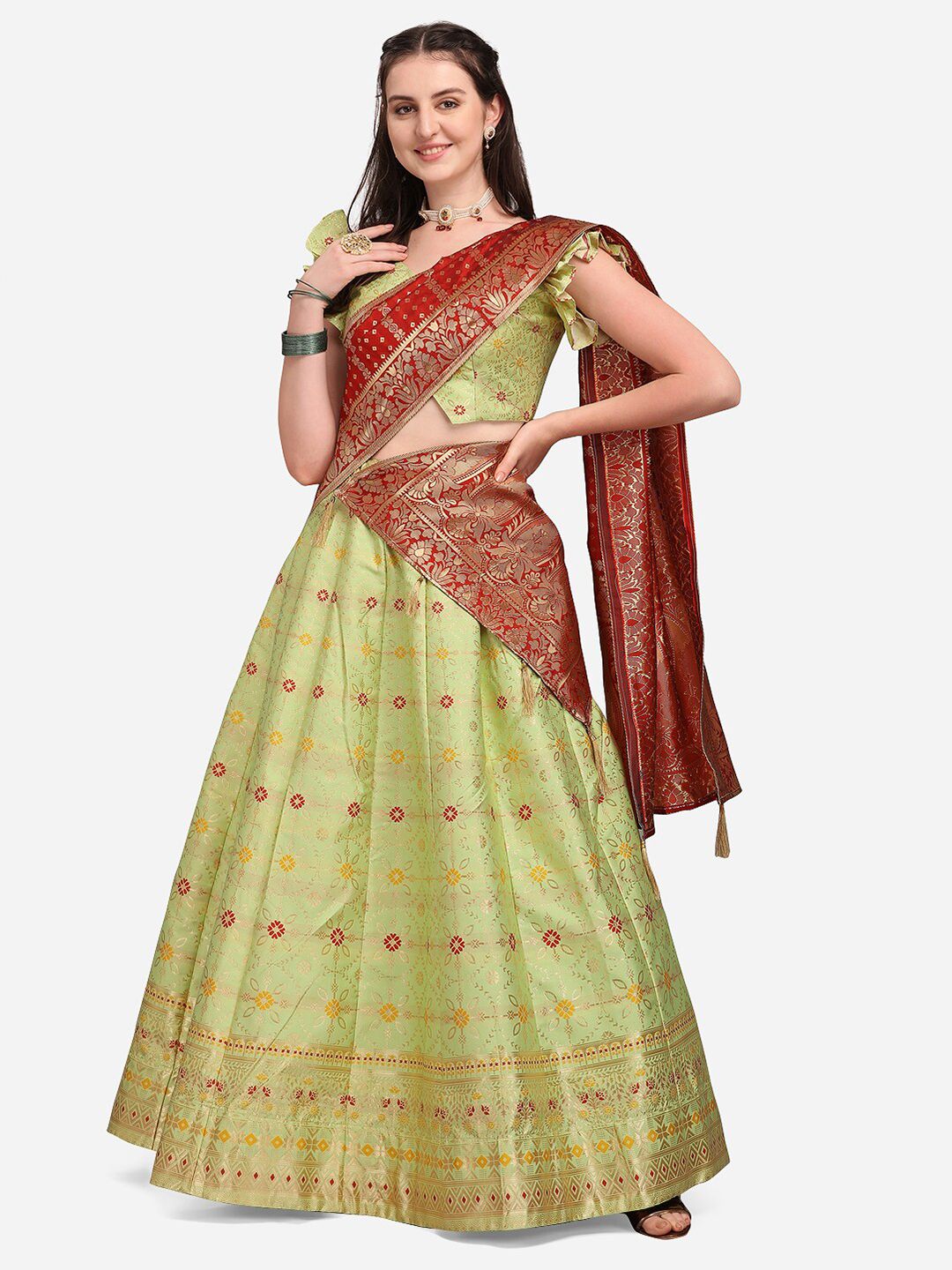 PURVAJA Women Lime Green & Red Stitched Lehenga & Unstitched Blouse with Dupatta Price in India