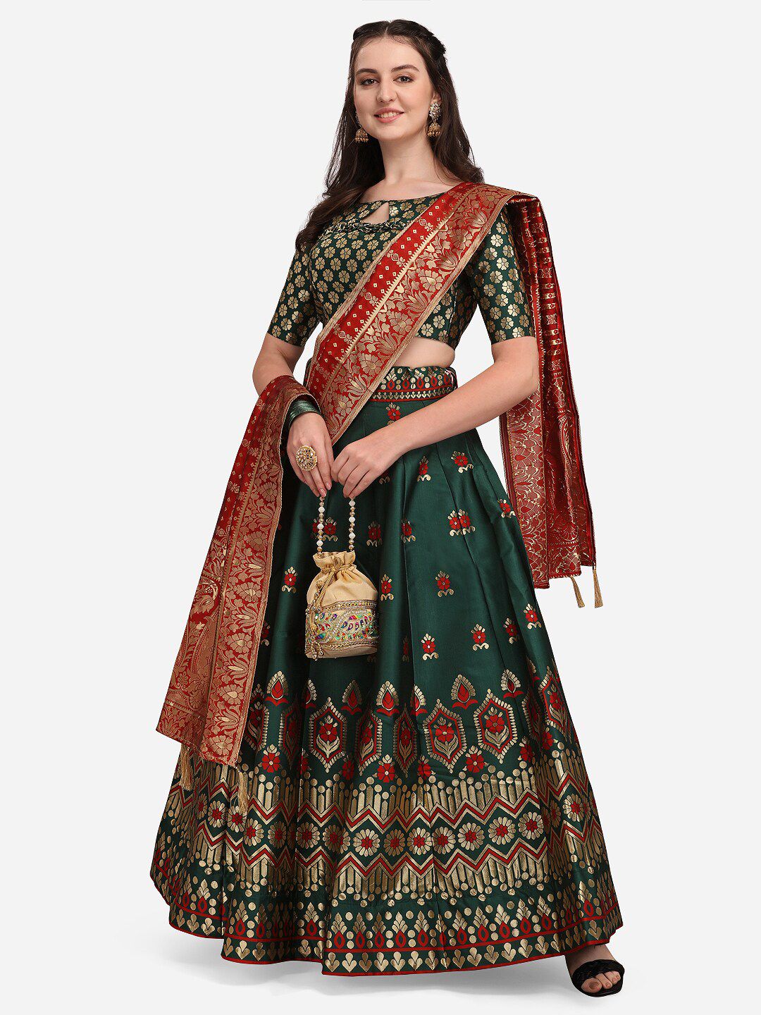 PURVAJA Women Green & Red Woven Design Lehenga & Unstitched Blouse with Dupatta Price in India