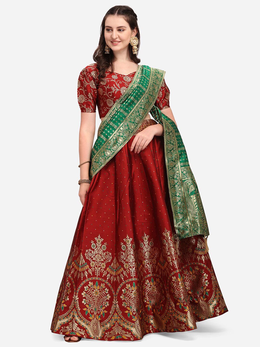 PURVAJA Maroon & Green Ready to Wear Lehenga & Unstitched Blouse With Dupatta Price in India