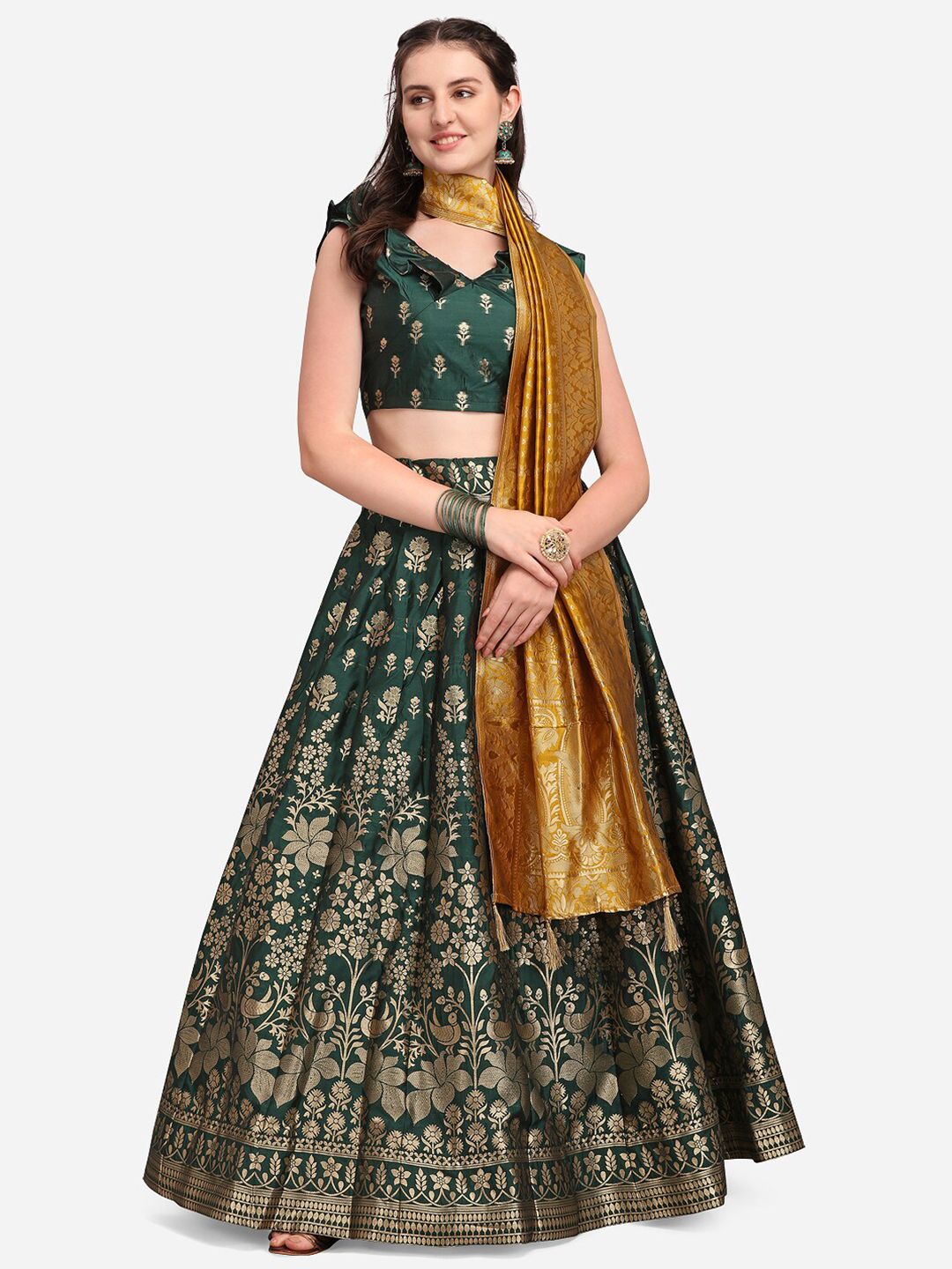 PURVAJA Green & Mustard Ready to Wear Lehenga & Unstitched Blouse With Dupatta Price in India