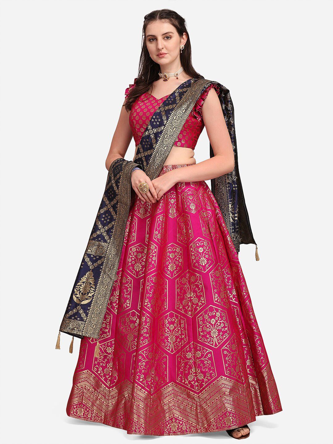 PURVAJA Woman Pink & Navy Blue Ready to Wear Lehenga & Unstitched Blouse With Dupatta Price in India