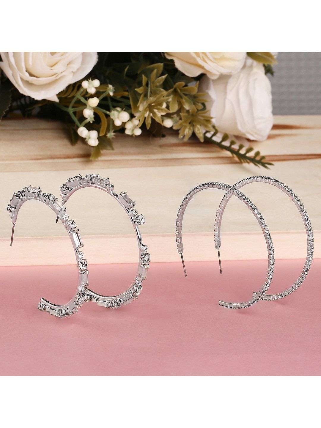 Lilly & sparkle Silver-Toned Set Of 2 Artificial Stone Studded Circular Hoop Earrings Price in India