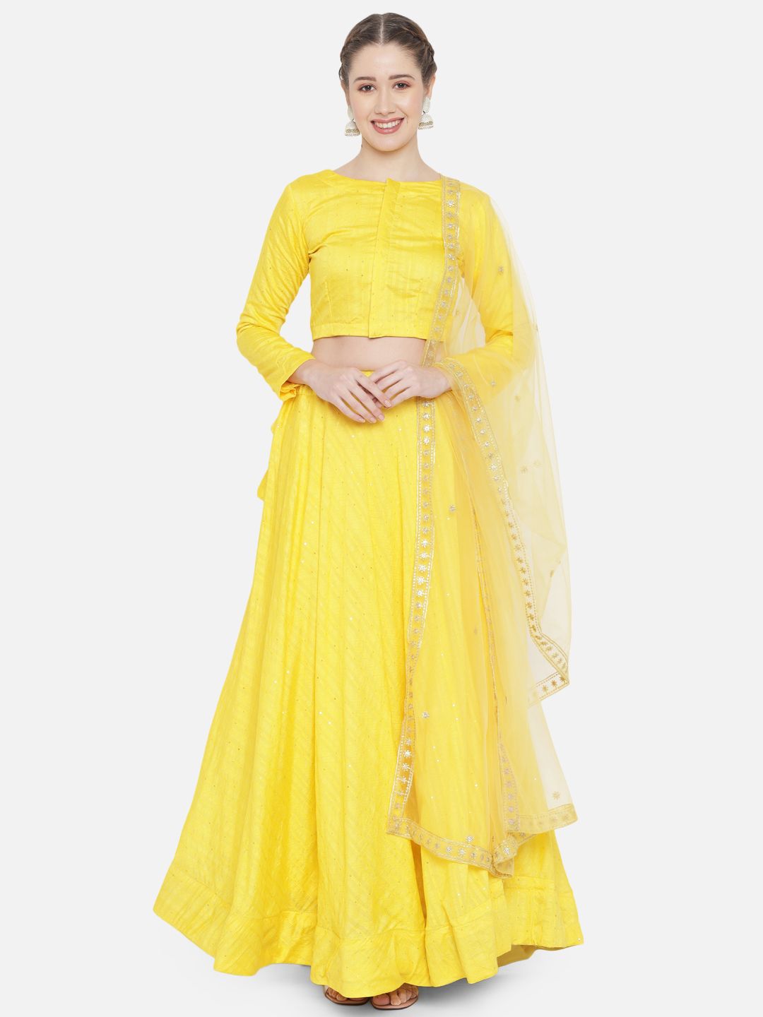 DIVASTRI Yellow & Gold-Toned Semi-Stitched Lehenga & Unstitched Blouse With Dupatta Price in India