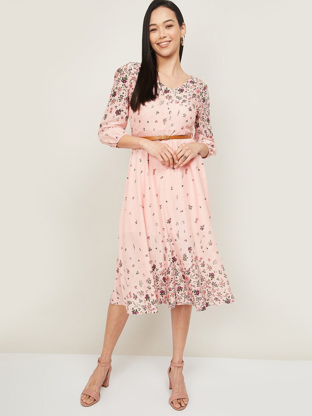 CODE by Lifestyle Women Pink Floral A-Line Midi Dress Price in India