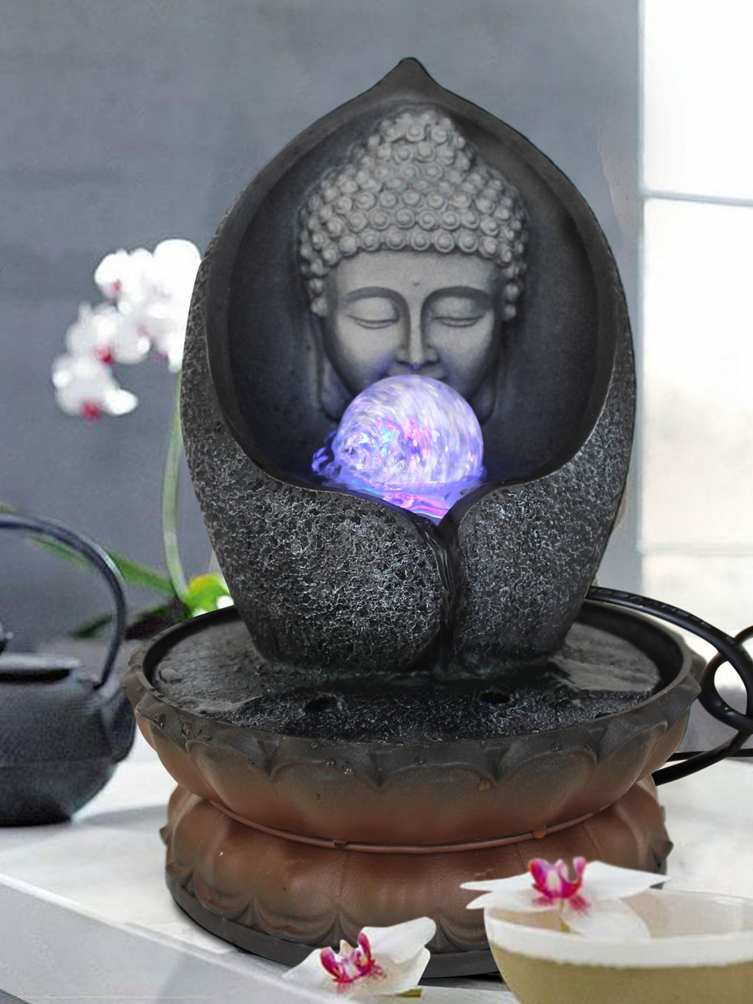 TIED RIBBONS Grey & Brown Buddha Idol With LED Light Water Fountain Price in India