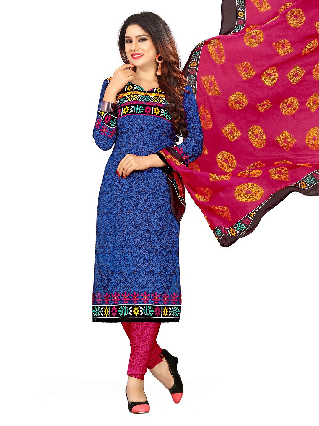 VENISA Women Navy Blue & Pink Abstract Printed Unstitched Dress Material Price in India