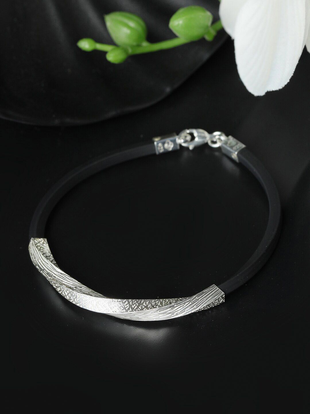 SHEER by Priyaasi Women Silver-Toned & Black 92.5 Sterling Silver Wraparound Bracelet Price in India