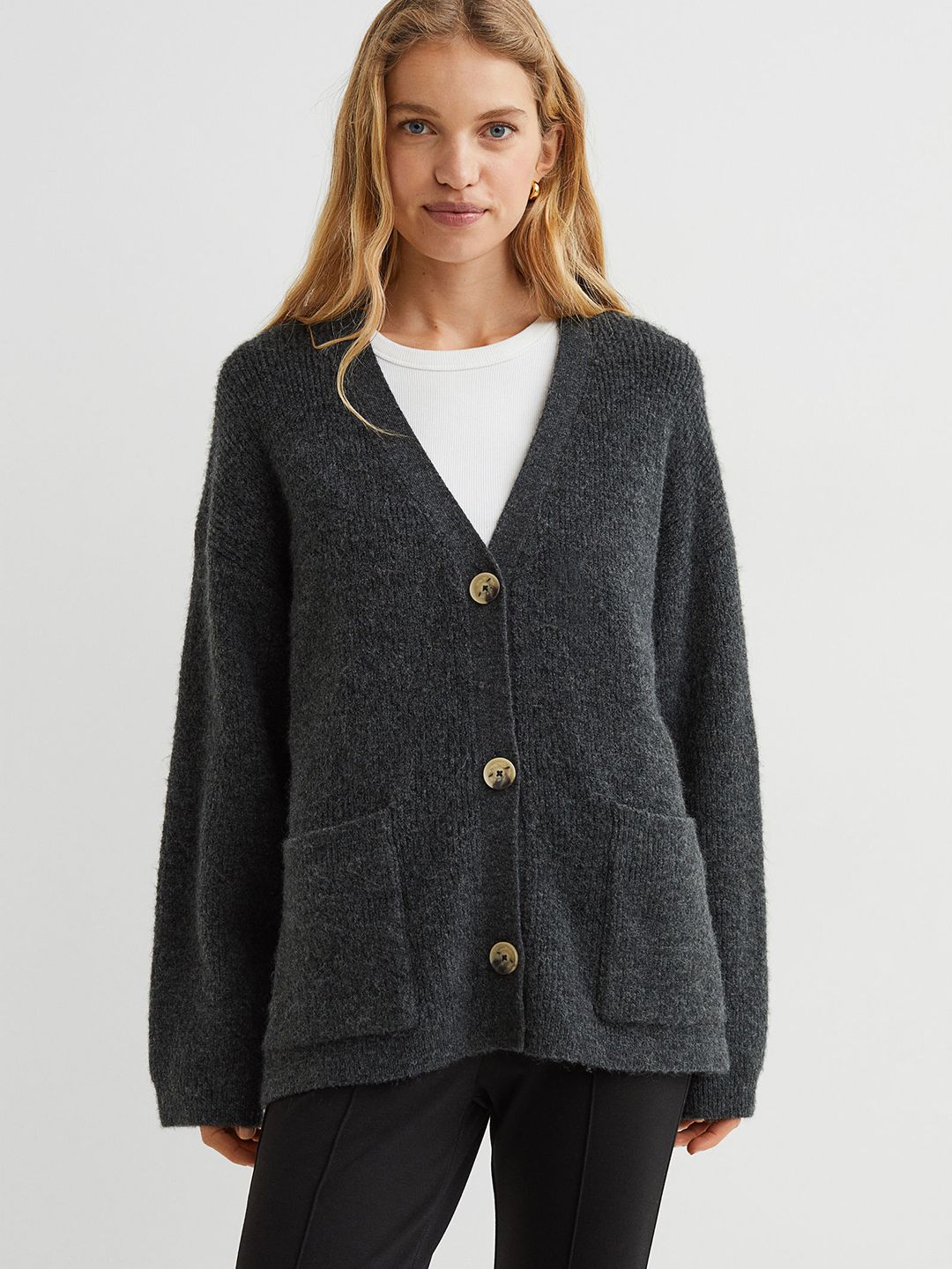 H&M Women Charcoal Grey Rib-Knit Cardigan Price in India