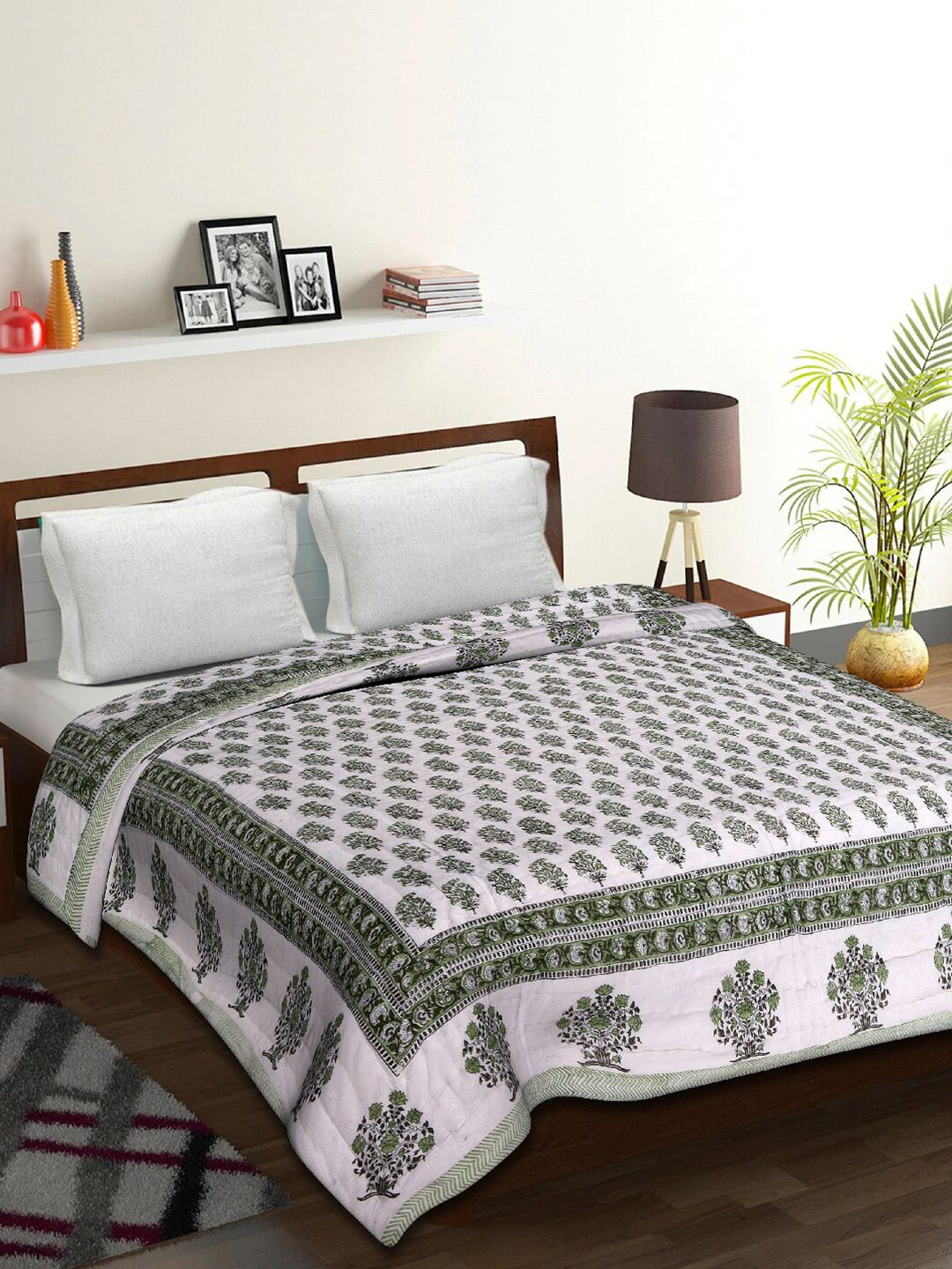 Tistabene White & Green Ethnic Motifs Mild Winter Double Bed Quilt Price in India