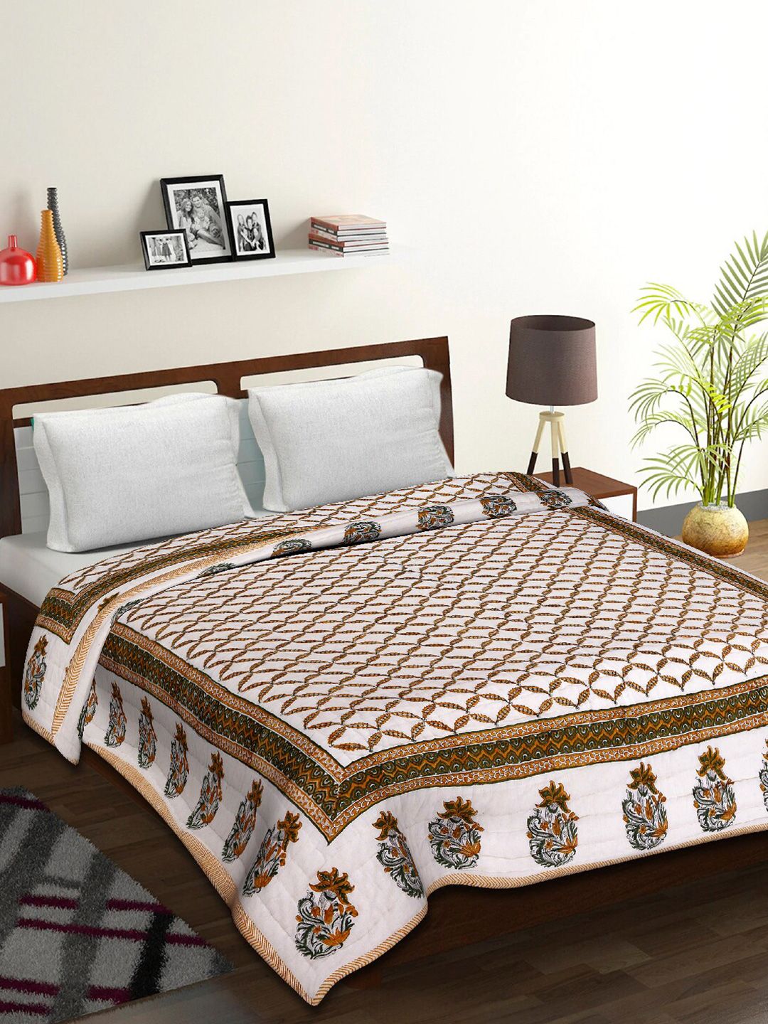 Tistabene Unisex White & Yellow Ethnic Motifs Mild Winter 200 GSM King Double Bed Dohar Price in India