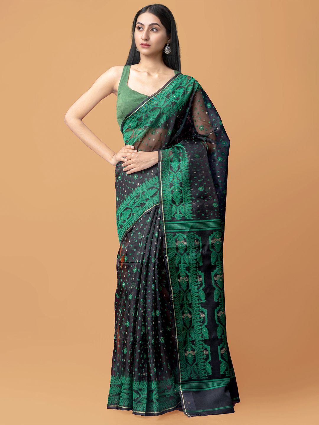Unnati Silks Black & Green Woven Design Pure Silk Jamdani Saree Price in India