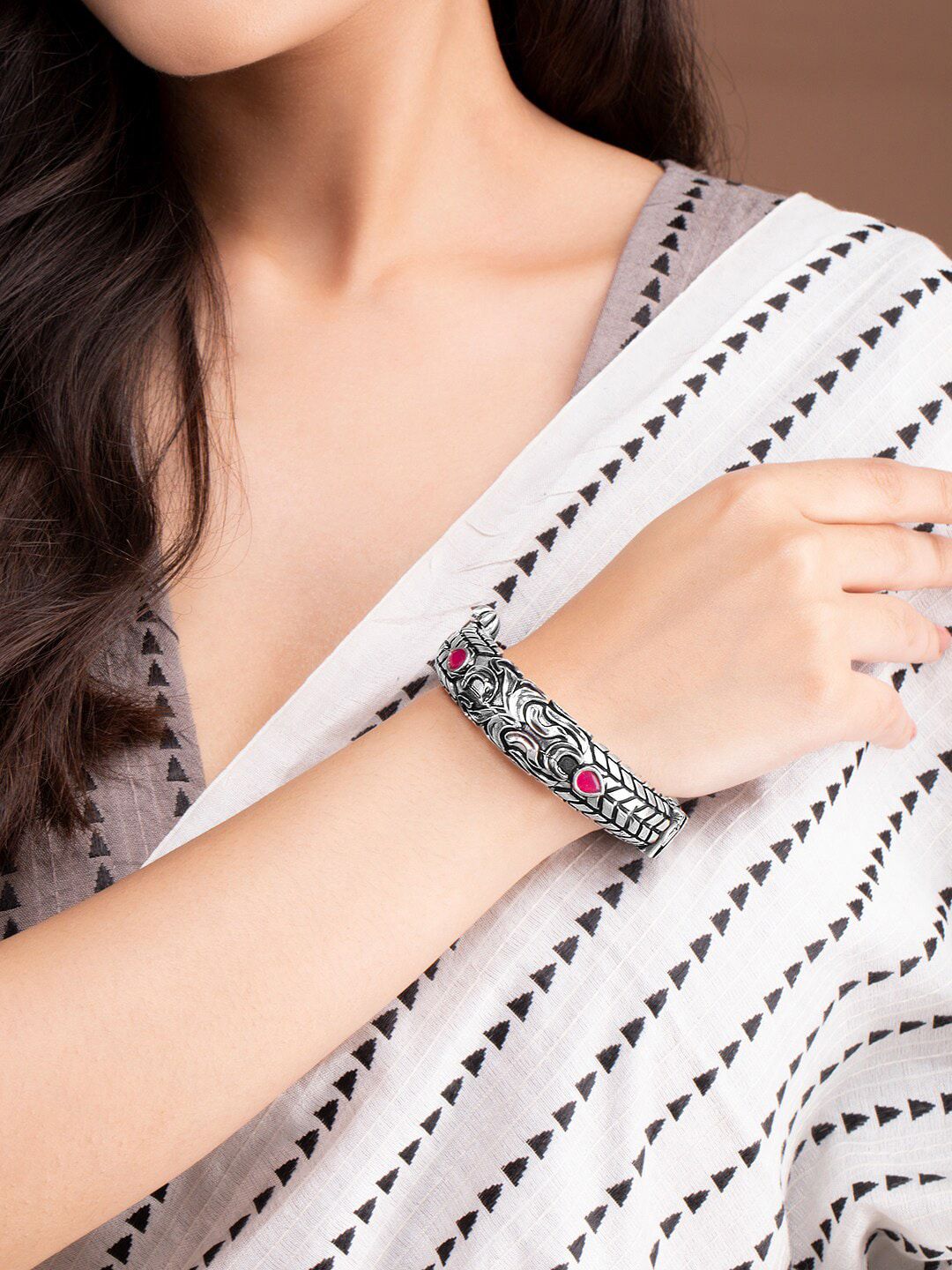 Rubans Women Silver-Toned & Pink Stone Studded Oxidised Bangle-Style Bracelet Price in India