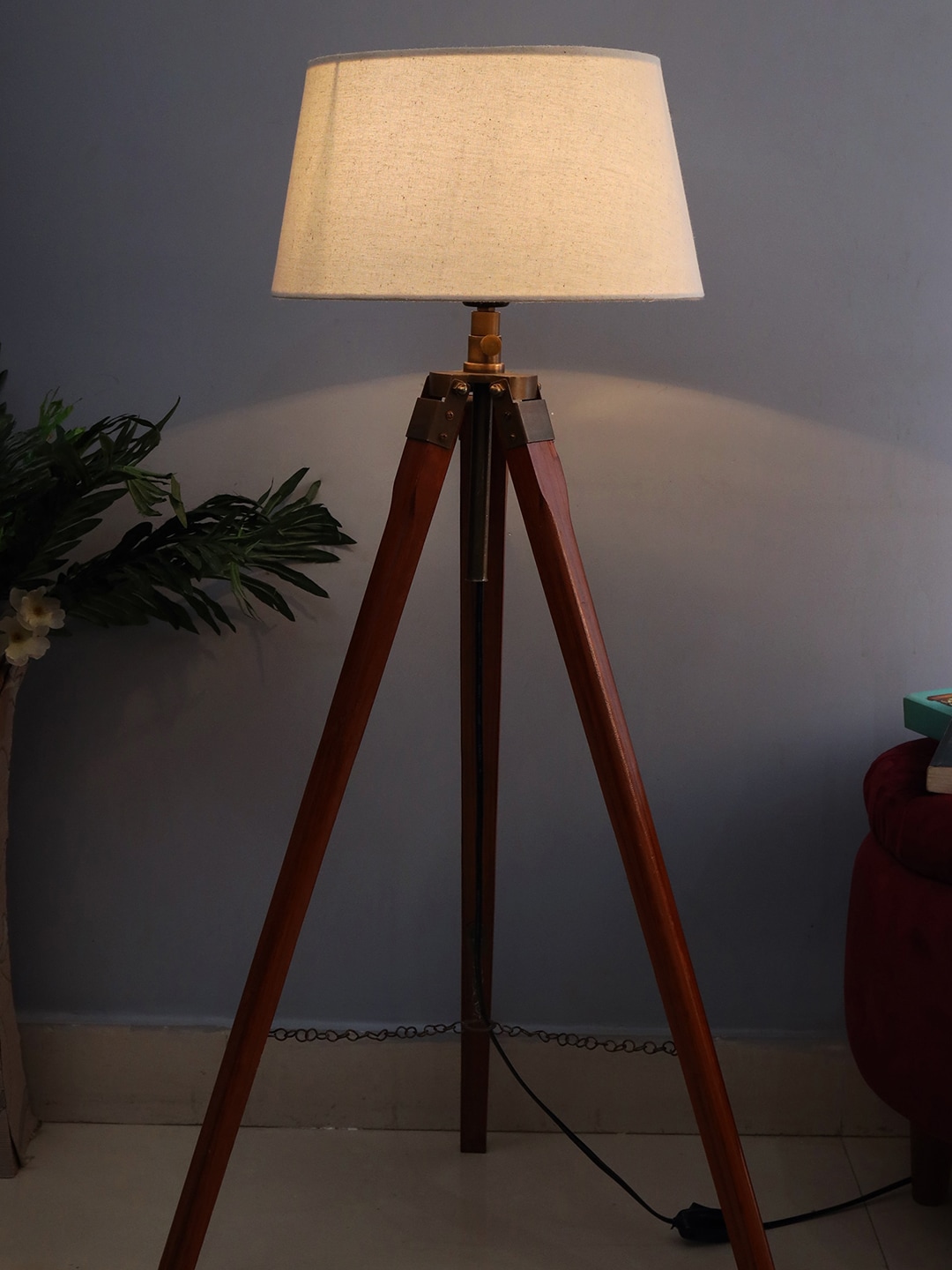 Homesake Beige & Brown Tripod Wooden Floor Lamp With Shade Price in India