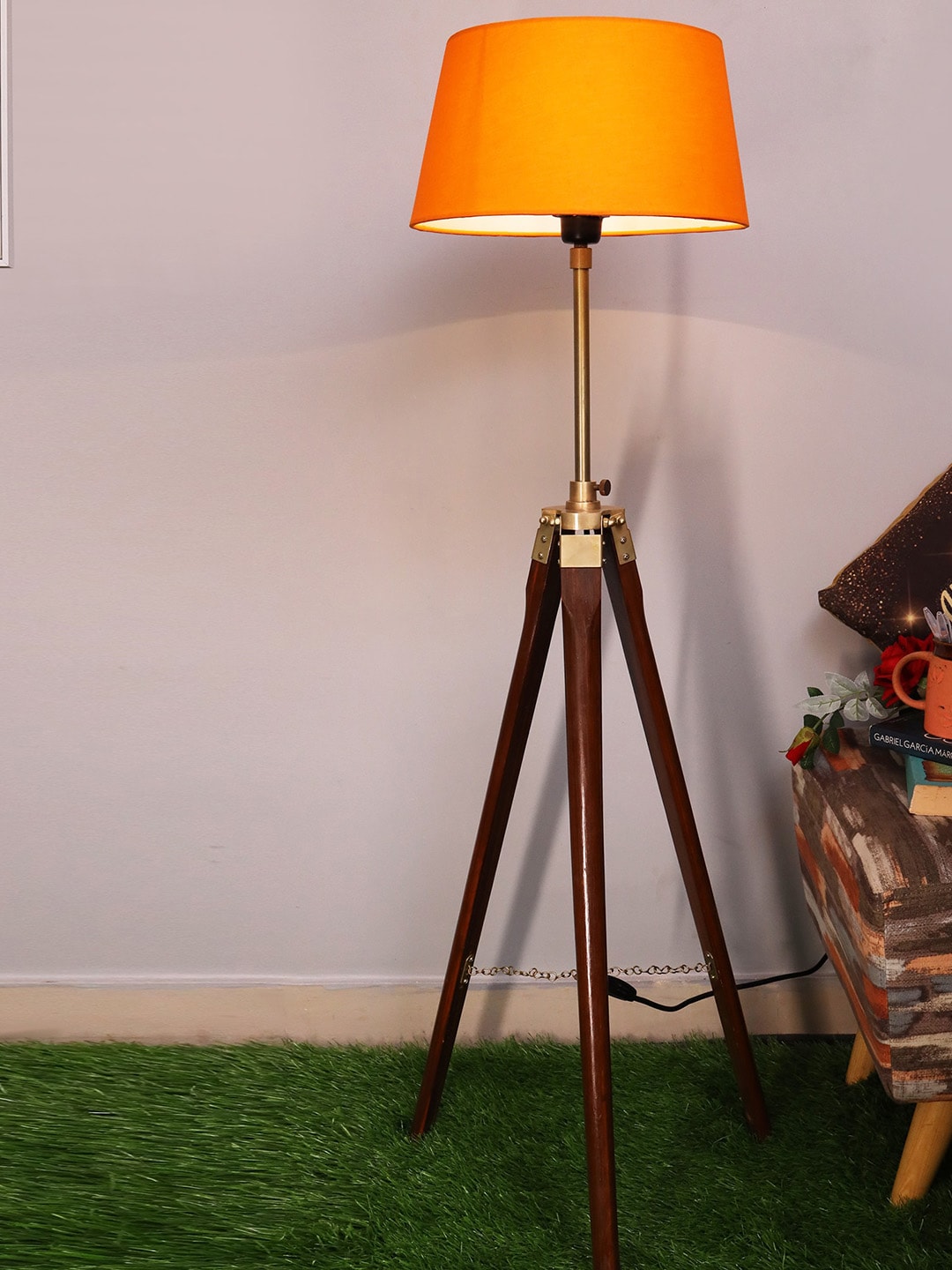 Homesake Orange Shade Wooden Tripod Floor Lamp Price in India