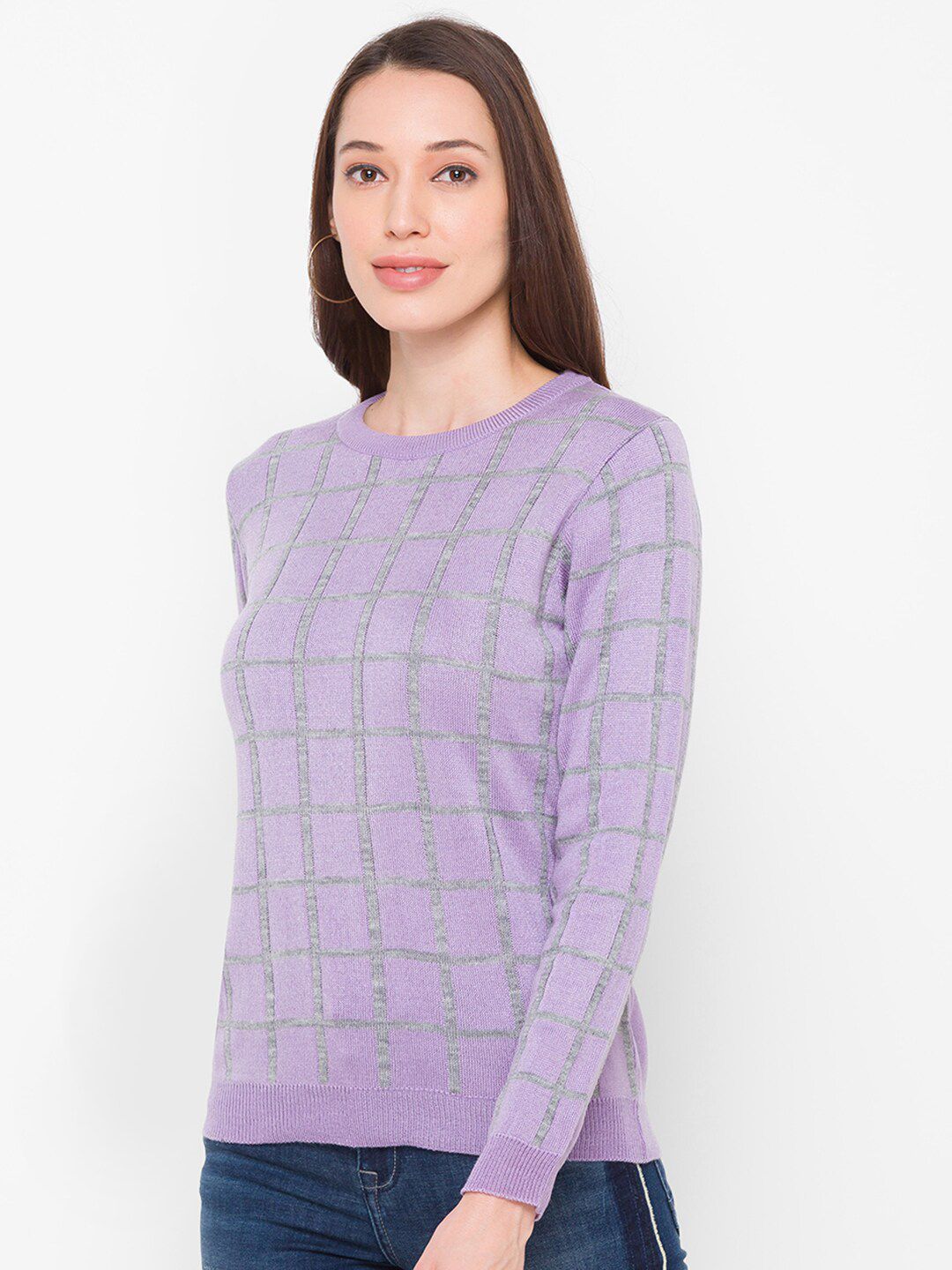 Globus Women Lavender & Grey Checked Acrylic Pullover Price in India