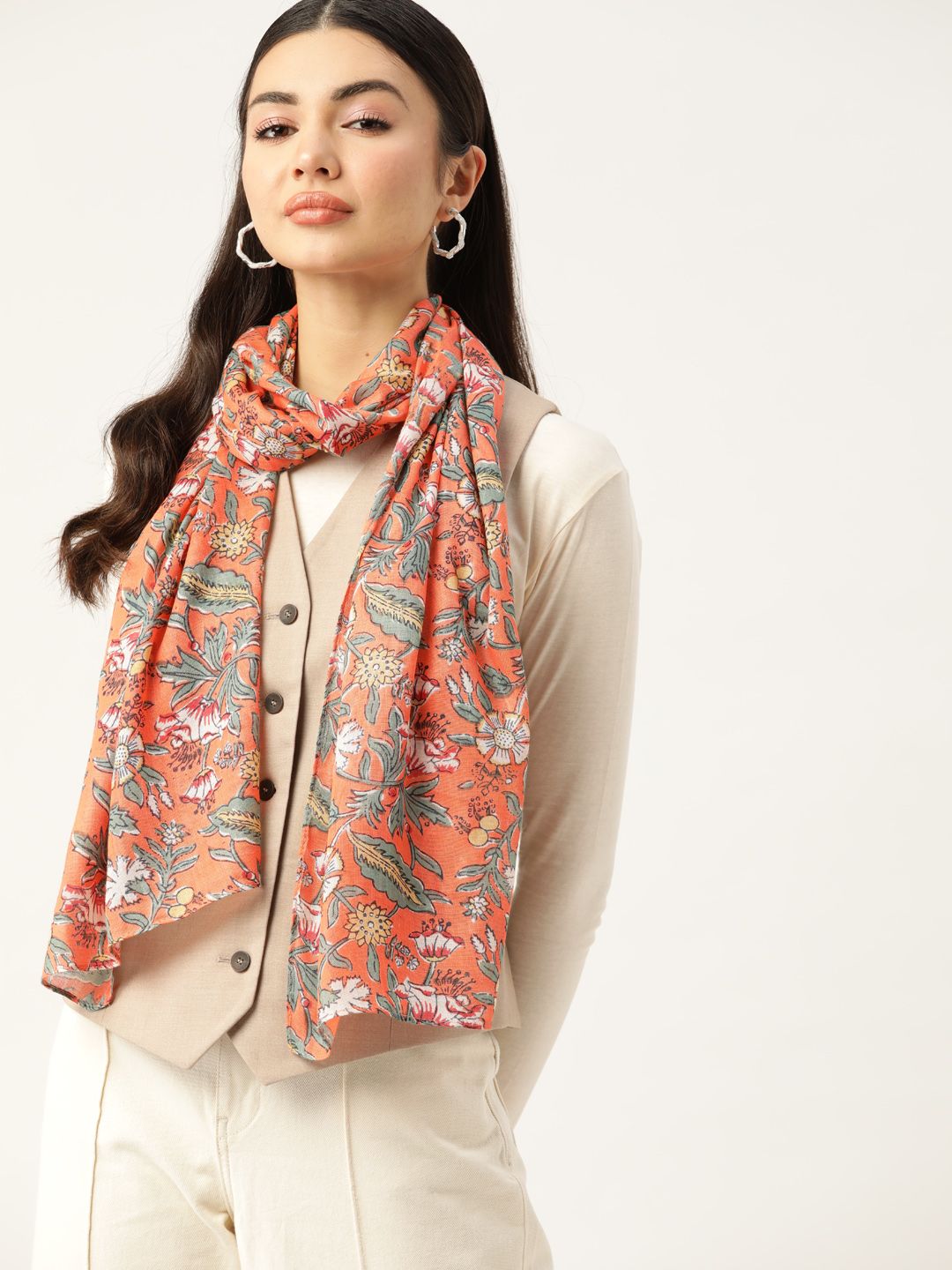 DressBerry Women Coral & Green Floral Printed Scarf Price in India