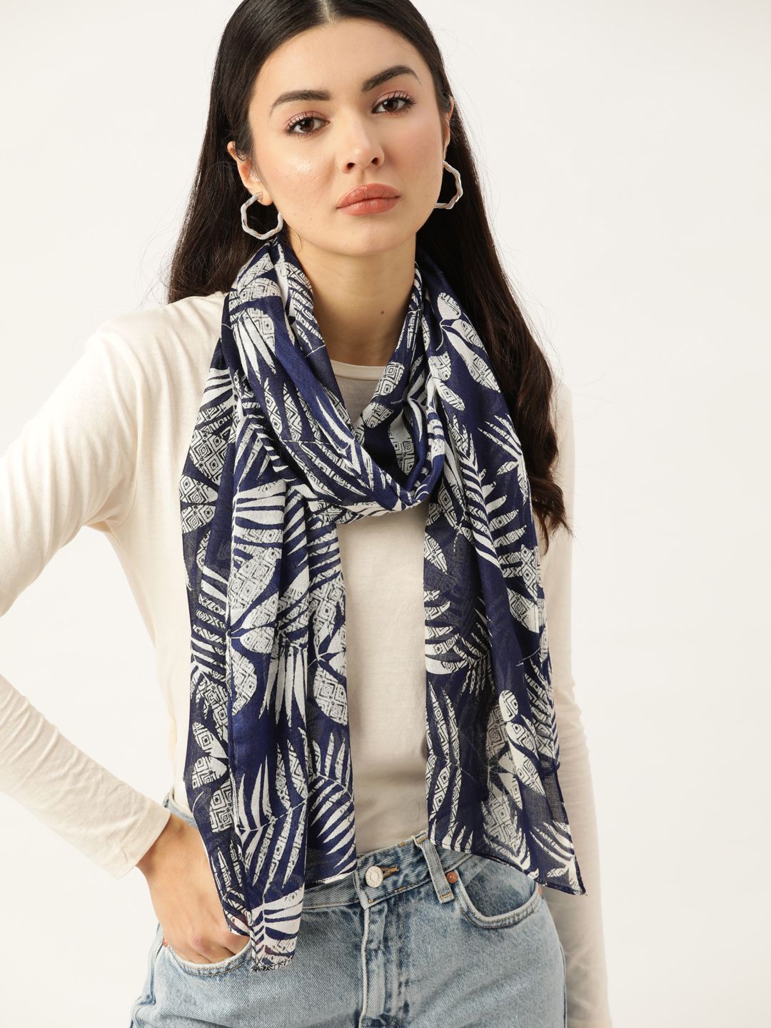 DressBerry Women Navy Blue & White Printed Scarf Price in India