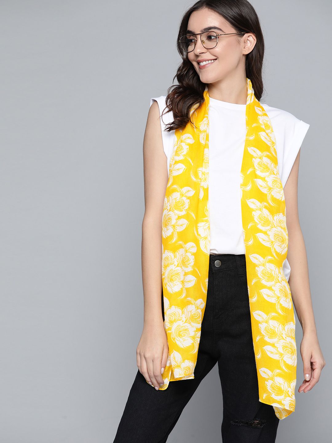 Mast & Harbour Women Yellow & White Printed Scarf Price in India
