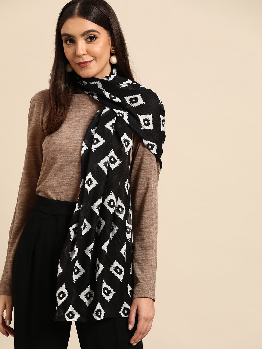 Anouk Women Black & White Printed Scarf Price in India