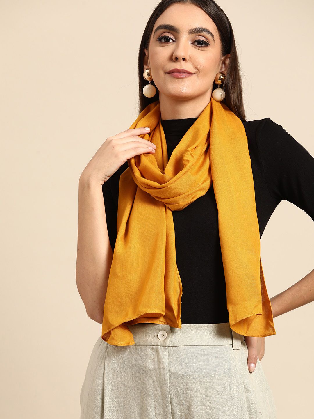 Anouk Women Mustard Yellow Solid Scarf Price in India
