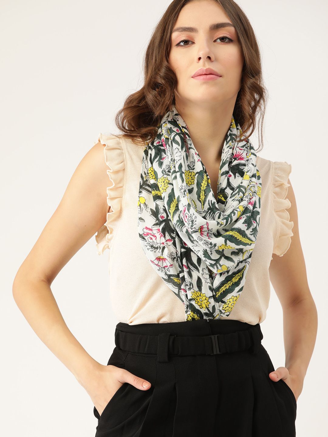 DressBerry Women White & Green Floral Printed Stole Price in India