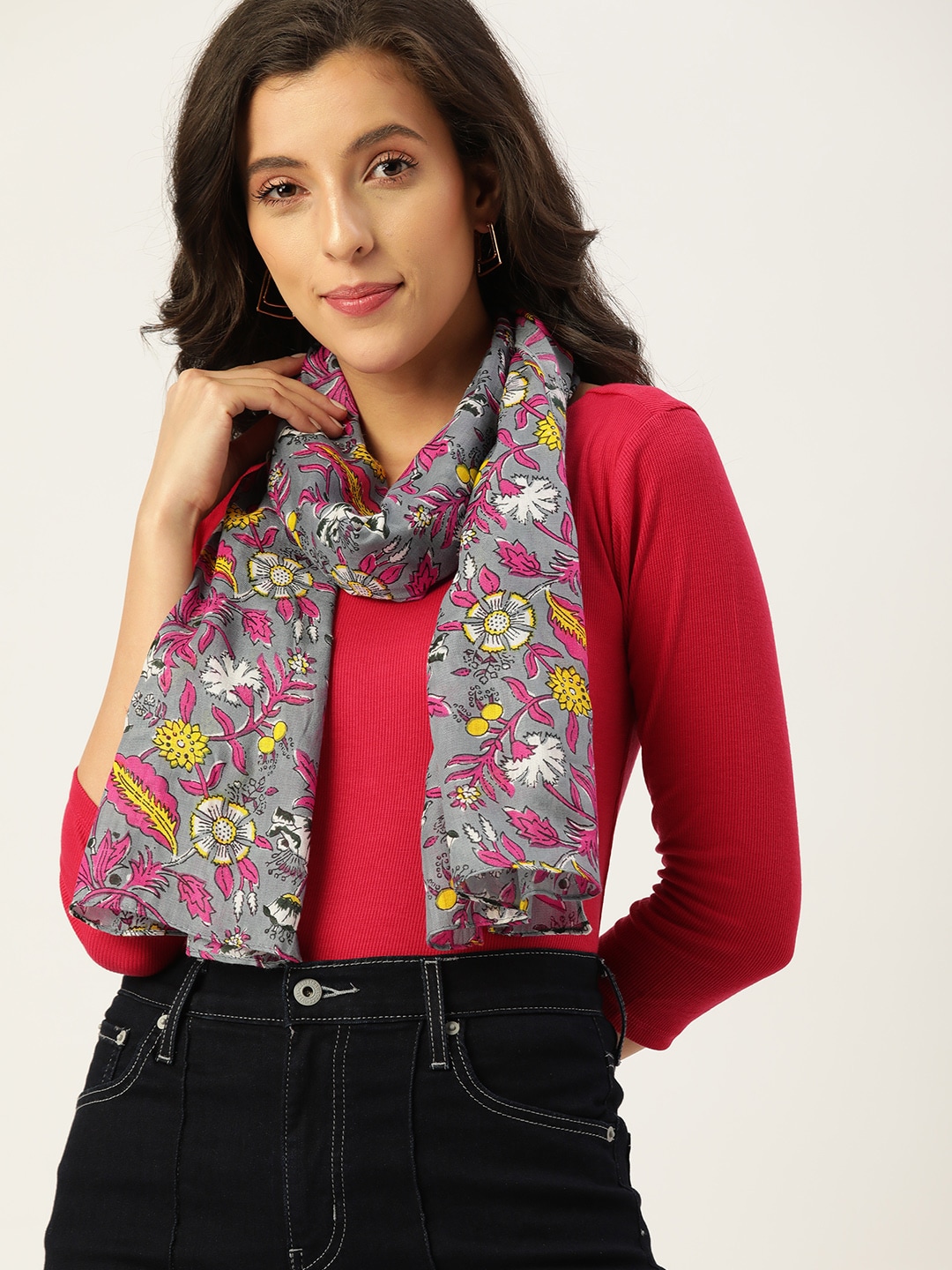 DressBerry Women Grey & Pink Floral Printed Stole Price in India