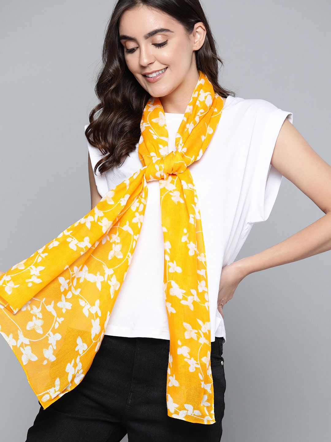 Mast & Harbour Women Mustard Yellow & White Printed Scarf Price in India